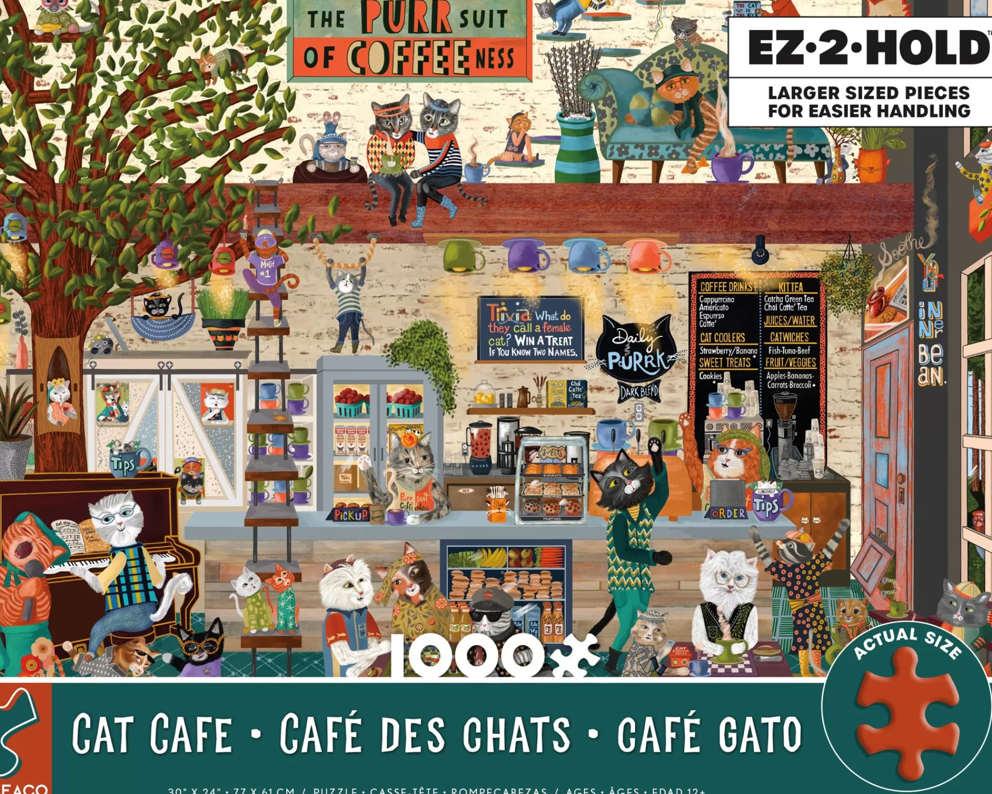 Ceaco Ez 2 Hold - Cat Cafe - 1000 Oversized Piece Puzzle* Cat Puzzles
