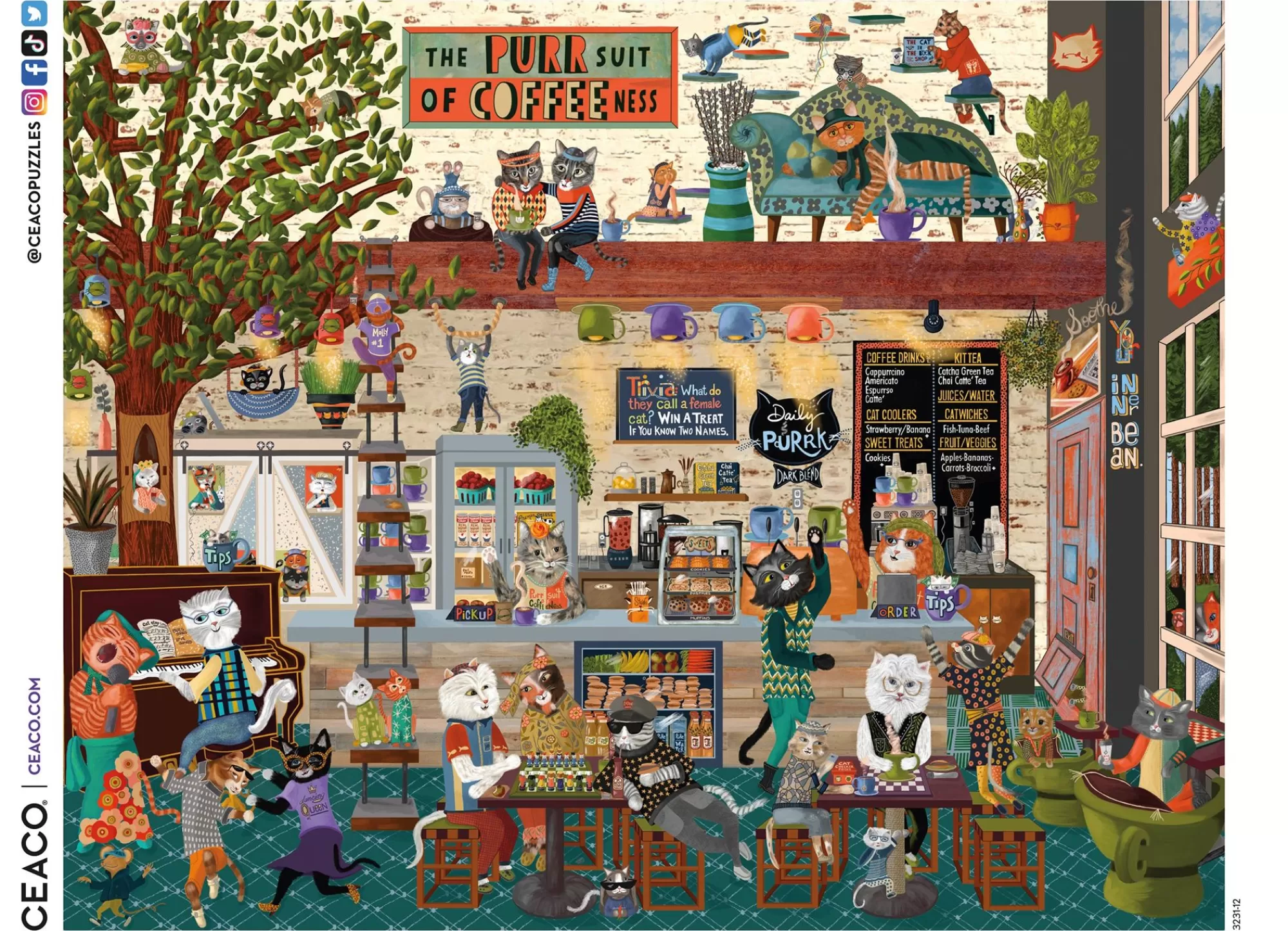 Ceaco Ez 2 Hold - Cat Cafe - 1000 Oversized Piece Puzzle* Cat Puzzles